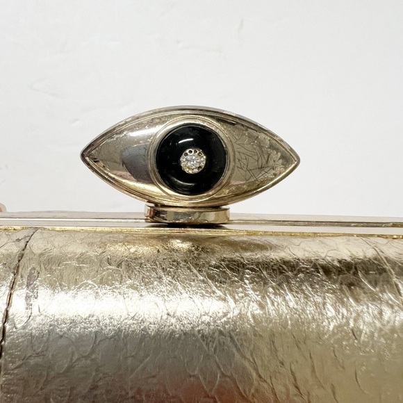 Diane Von Furstenberg Womens Metallic Gold Snakeskin Evil Eye Minaudiere Clutch - Picture 6 of 10